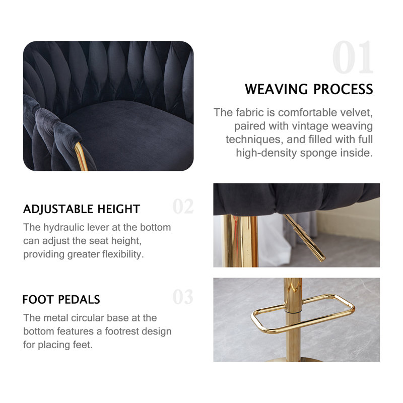 Luxury Velvet Bar Stools with Gold Metal Base, Adjustable Height Swivel Bar Chairs with Armrests for Kitchen Island, Bar, Modern Home Decor(Black)（Set of 2）