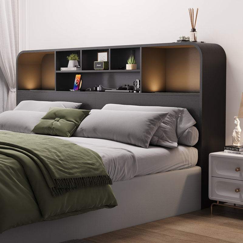 Rounded-Edge Bookcase Headboard with LED Lighting & Built-In Charging Station, King, Black, King