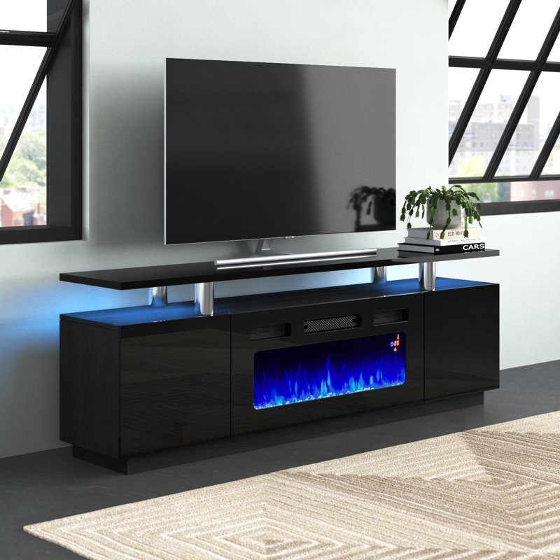 Bhhatu 2 Tier High Gloss TV Stand with Electric Fireplace Included, 70", Black