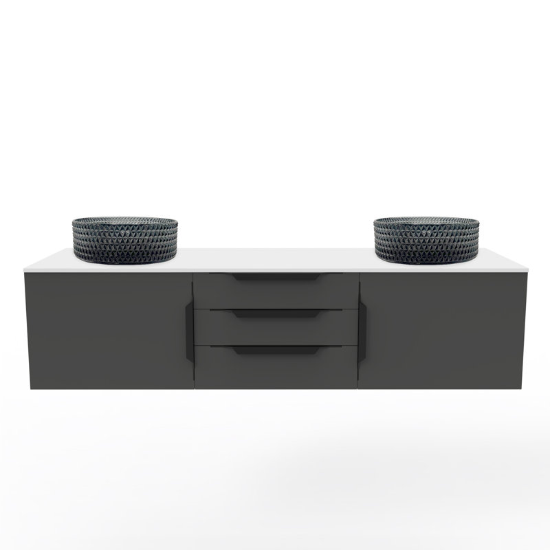Wildsee 60" Floating Single Bathroom White Vanity Set With Silver Tempered Glass Vessel Sink, Black, Black