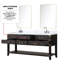Meuble-lavabo double en chêne noir de 72 po L x 22 po P, comptoir en marbre, robinet et miroirs de 34 po, fini à la main avec deux couches de vernis protecteur.