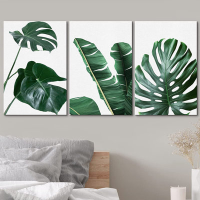 Minimal Botanical Vibrant Green Monstera And Banana Leaf Trio Botanical Picture Framed 3 Pieces Canvas Print Wall Art