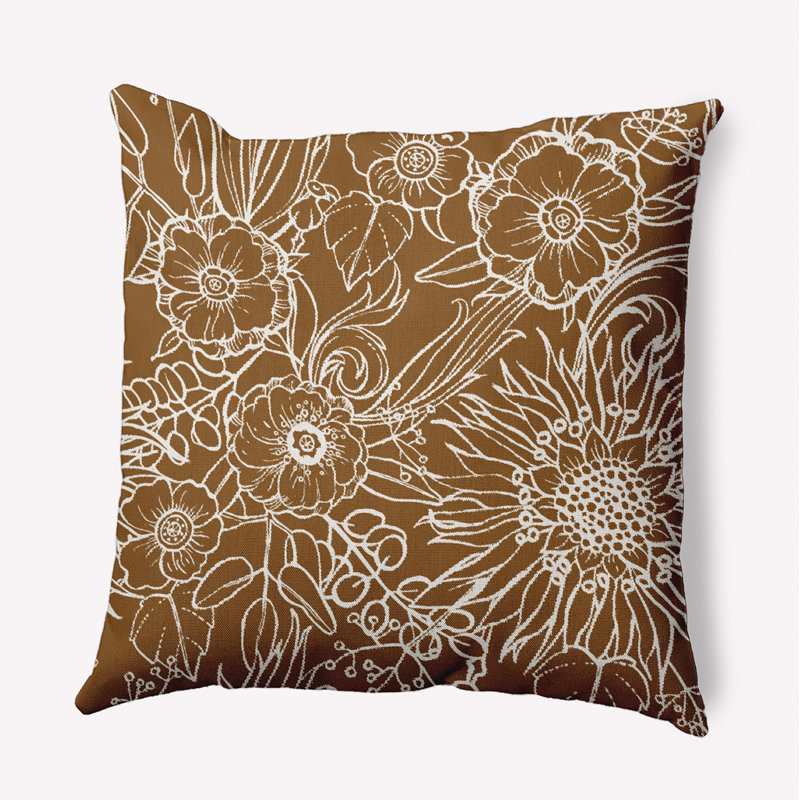 Coussin cubique carré à imprimé floral Zentangle, Carré 18 po, Brun