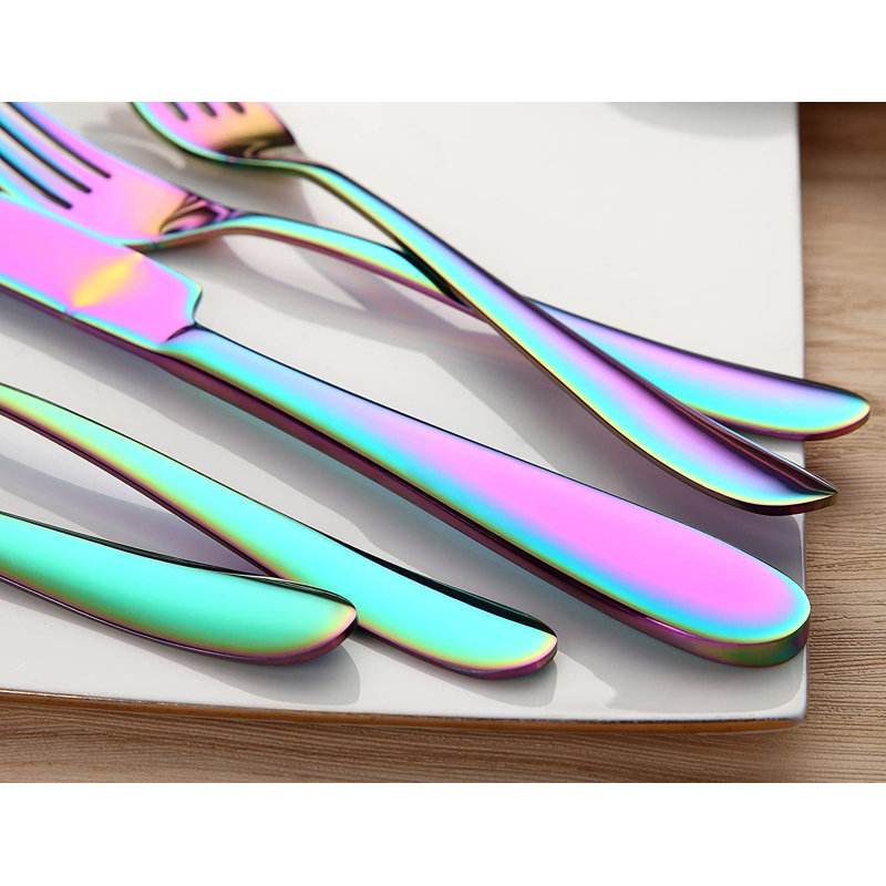 Ensemble d'argenterie, ensemble de couverts en acier inoxydable 20 pièces, coutellerie / fourchette / cuillère, ensemble d'ustensiles poli miroir pour 4, va au lave-vaisselle (multicolore coloré)