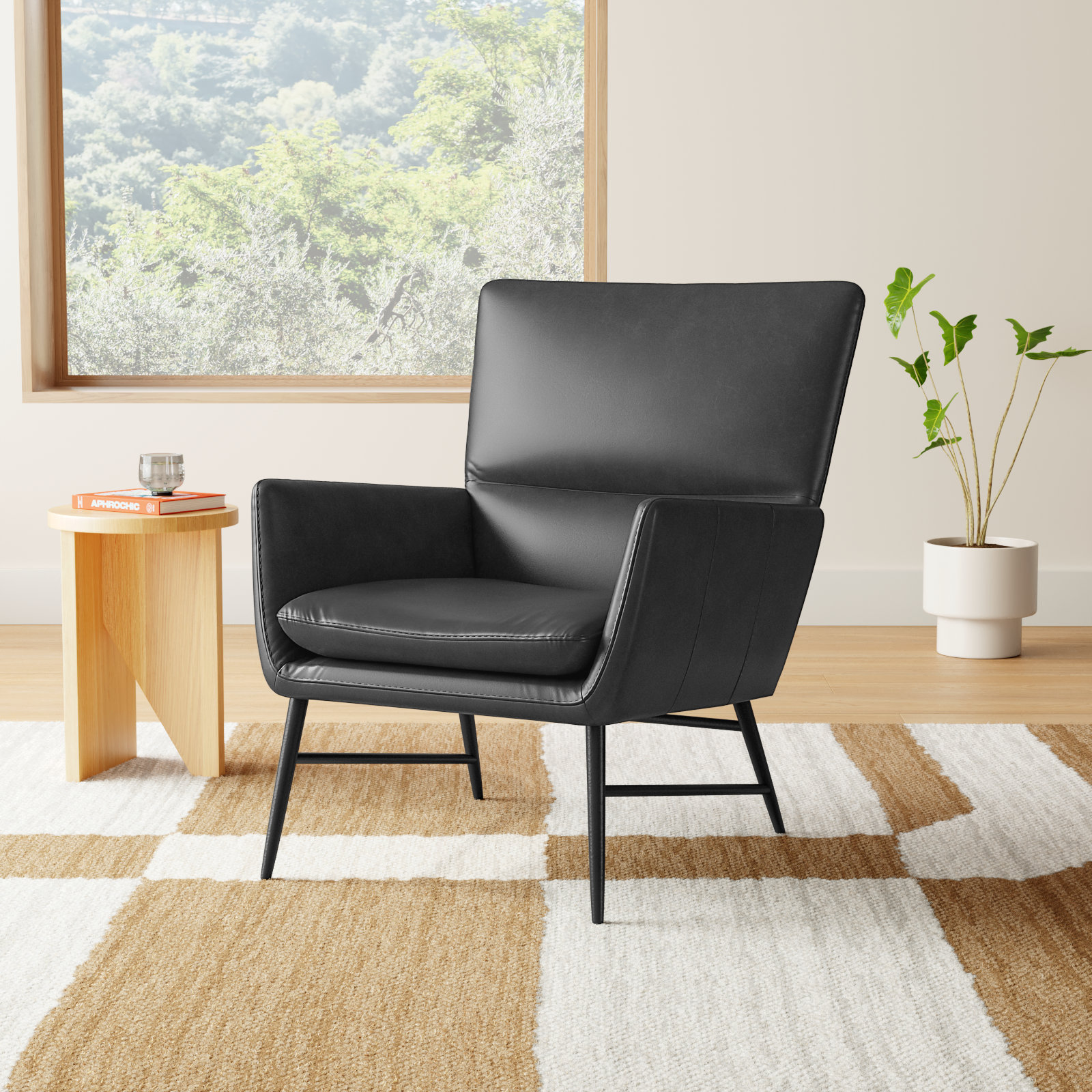 Pisces Genuine Leather Swivel Lounge Chair, Black Leather
