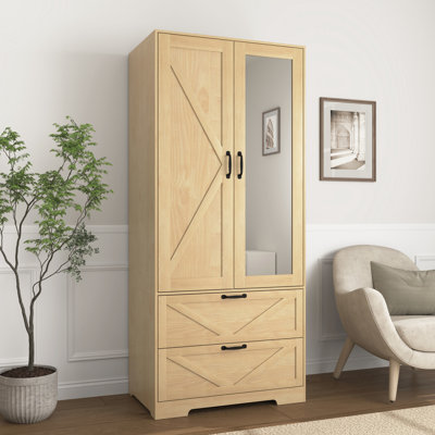 Garde-robe en bois à 2 portes pour la chambre à coucher avec tringle à vêtements suspendue à l'intérieur de l'armoire et 2 tiroirs pour l'organisation du rangement, placard multifonctionnel à induction intégré avec miroir, naturel