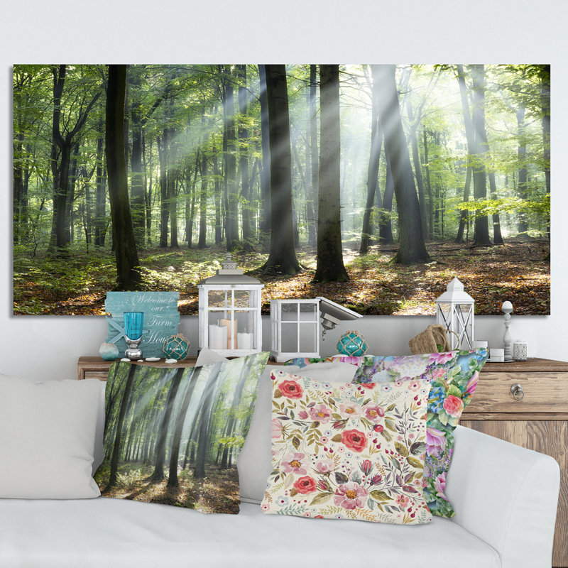 " Sunny Morning Magic Forest " by Designart, 16" H x 32" W x 1" D, Wrapped Canvas