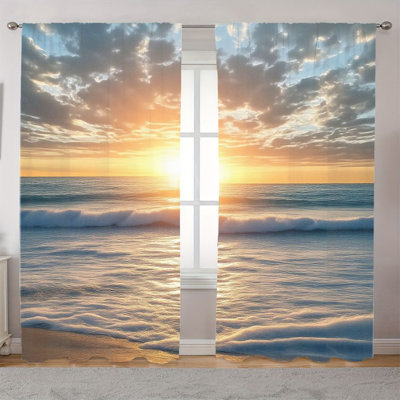 2Pcs rideaux de plage coucher de soleil, rideaux de fenêtre en voile de bord de mer, filtrant la lumière décorative pour le salon, la chambre, la salle de bain, la décoration intérieure