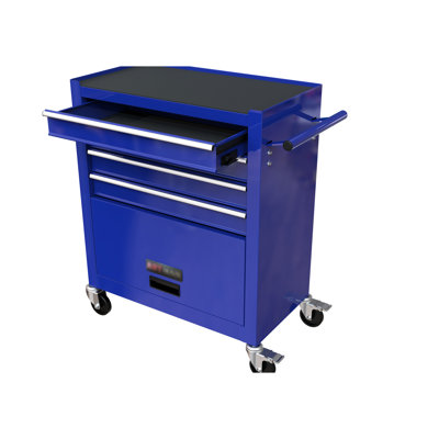 Armoire à 4 outils avec outils assortis, 24,4 po, bleu. Rangement en métal pour atelier, garage. - Tiroirs à roulement, 4 roues et 2 outils bleus verrouillables. Frein de 4 po, robuste et polyvalent