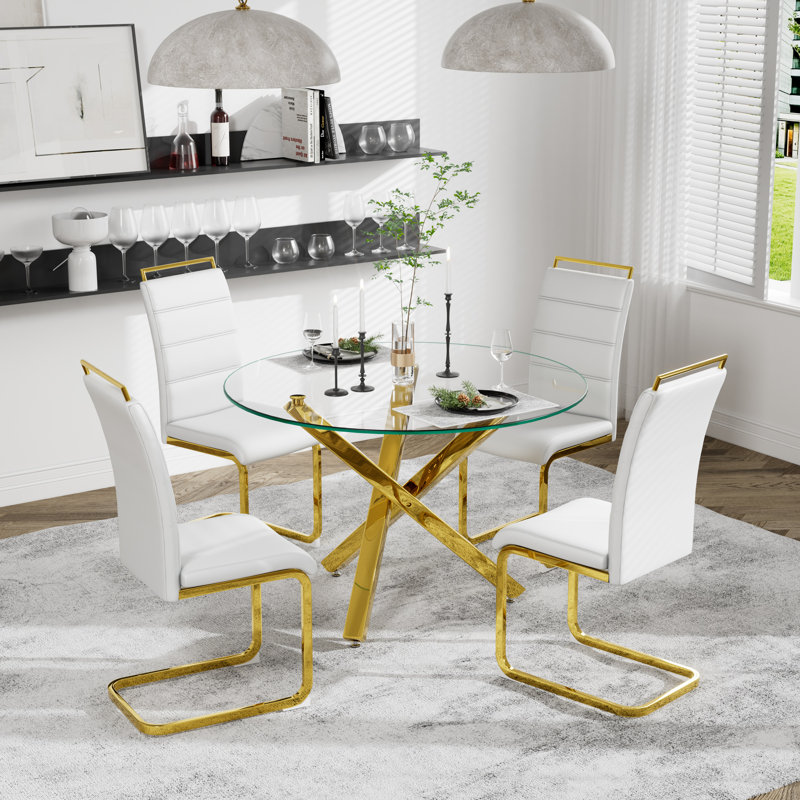 5 Piece Dining Set, Round Dining Table with Tempered Glass and 4 Upholstered Chairs, White, Gold