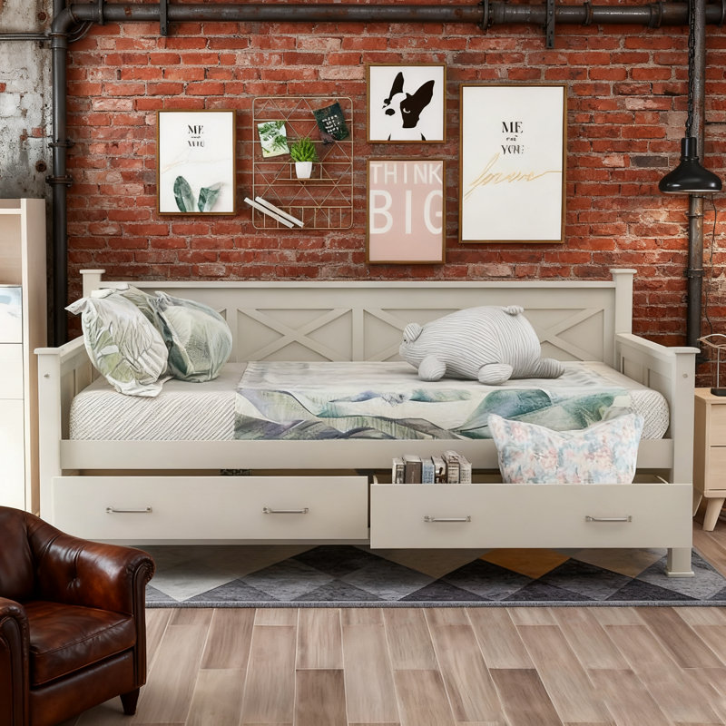 Lit de jour simple en bois blanc crème - Style rustique-moderne avec 2 tiroirs de rangement et structure en X