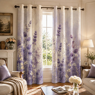 Ensemble de 2 rideaux occultants à imprimé floral aquarelle violet, style botanique artistique, motif champêtre moderne, à œillets, pour salon et chambre à coucher, filtre la lumière.