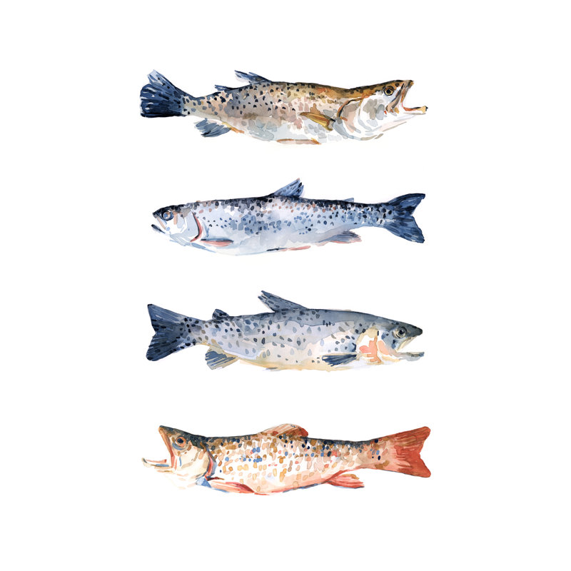 «Stacked Trout I», peinture sur toile, H 12 po x l 8 po