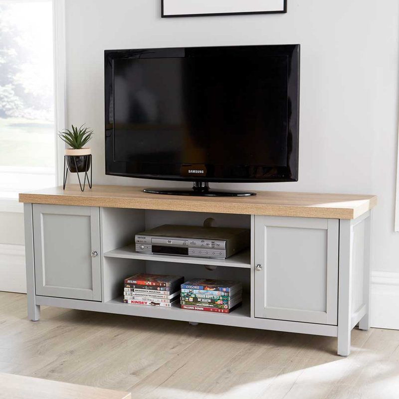 Spraggins 2 Door 36mm Thick Top Wide TV Stand Shelf Unit, Grey/Oak