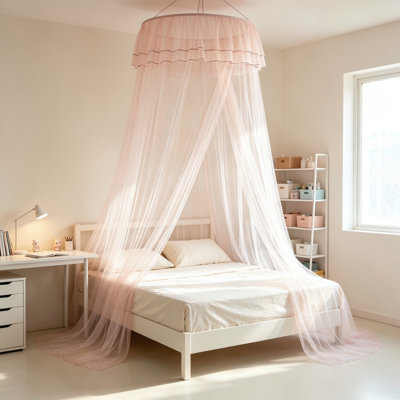 Ensemble de 2 auvent de lit Dome Princess avec double bordure en dentelle, filet respirant en filet de polyester respirant, conception de cerceau pliable, s'adapte aux grands lits très grands, montage au plafond facile pour une décoration de chambre romantique