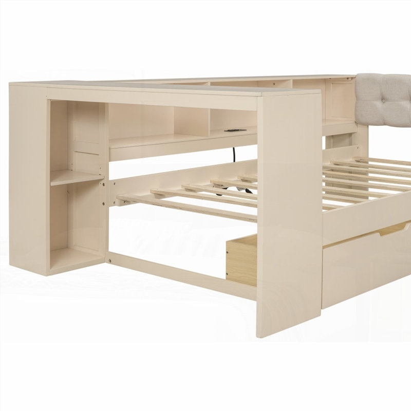 Lit plateforme simple en bois avec rangement - aucun sommier requis, solide Durable, Crème