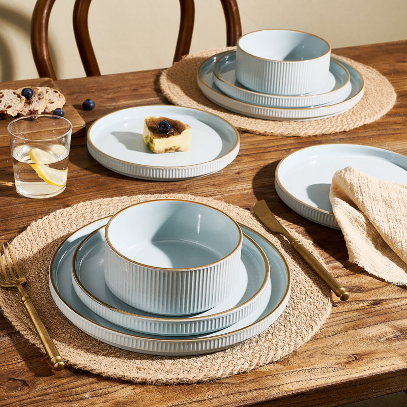 Star Stoneware Dinnerware Sets, 12 Pieces Dish Set, Light Blue With Brown Rim, Light Blue