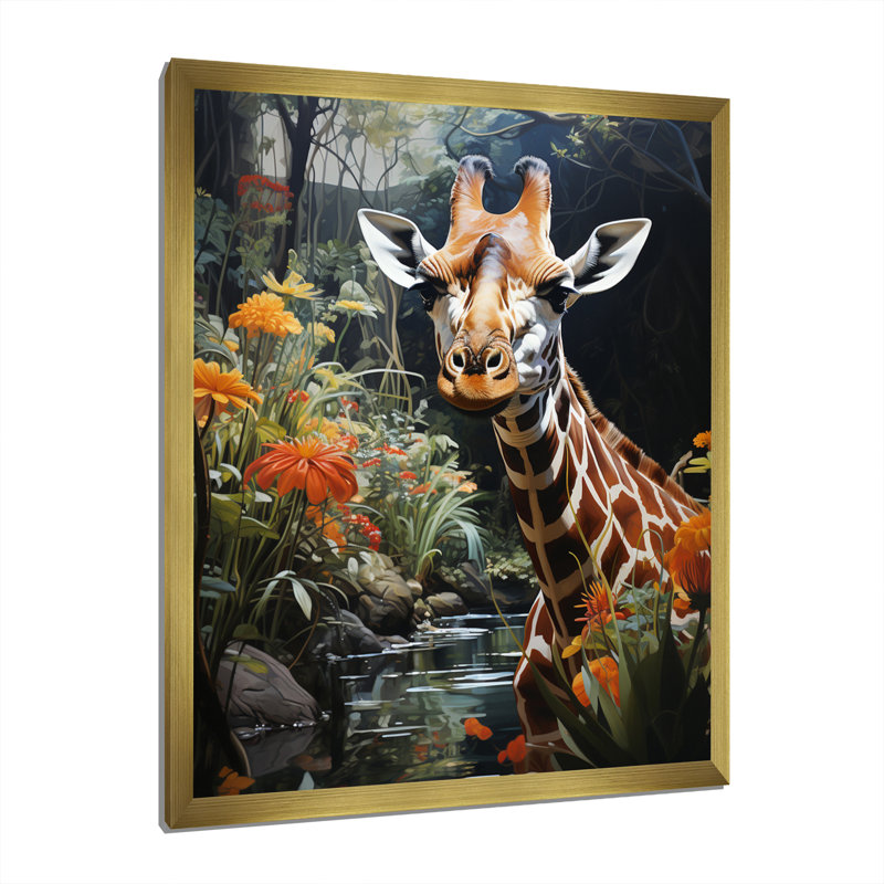 Girafe élégante girafe pastorale I - animaux, art mural salon, H 40 po x l 30 po x P 1,5 po, Encadrement doré