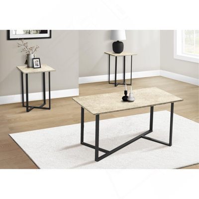 Ensemble de table, ensemble de 3 pièces, café, bout, salon, stratifié de pierre crème, métal noir, contemporain, moderne