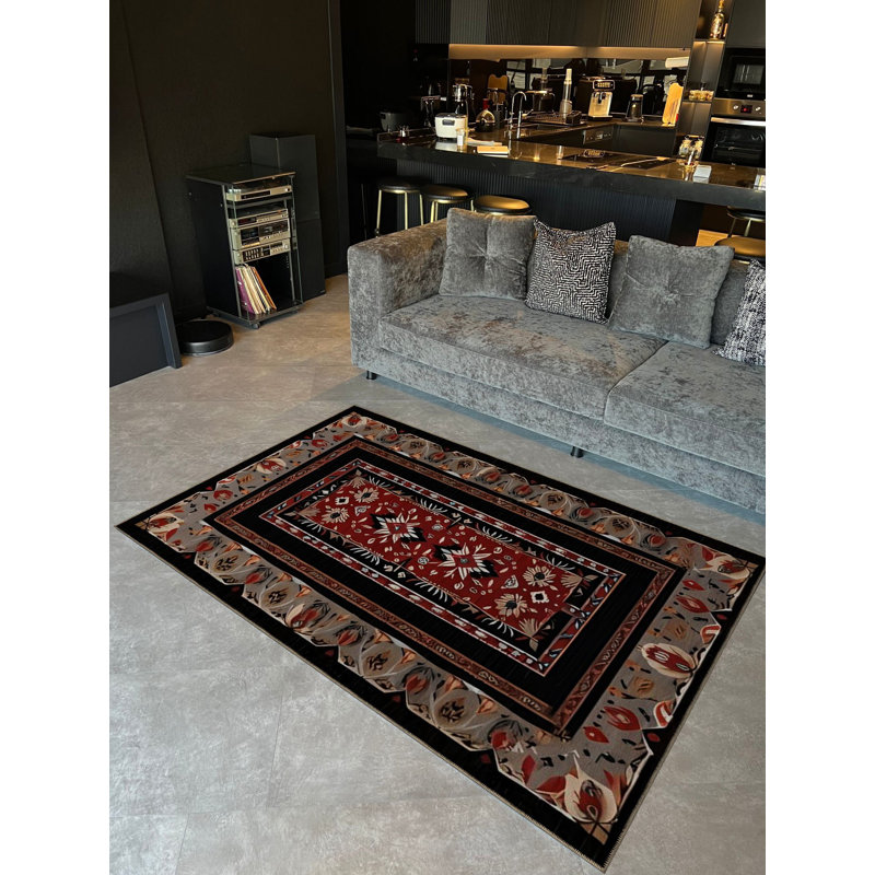 Tapis décoratif noir à motif gris, Tapis de couloir 3 pi 9,81 po x 9 pi 10,11 po