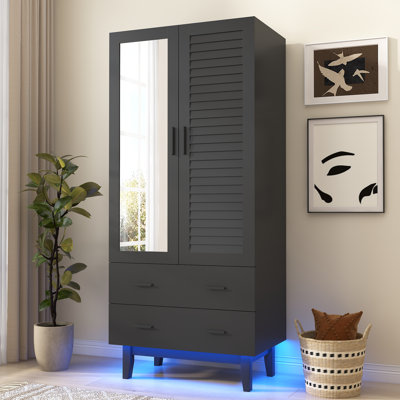 70" Tall Armoire With Mirror, LED Lights, And Hanging Rod