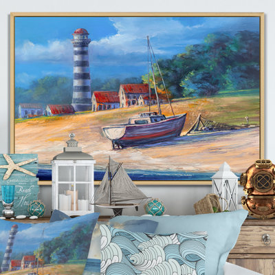 Bateau de pêche sur la plage du phare - reproduction de cadre flottant sur toile