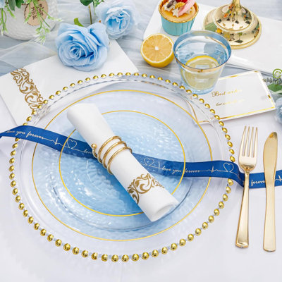 Service de vaisselle 175 pièces en plastique bleu clair pour 175 invités, assiettes jetables martelées pour la fête