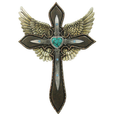 Polyresin Layered Cross with Turquoise and Angel Wing Heart Accent Hanging Wall Cross Decor