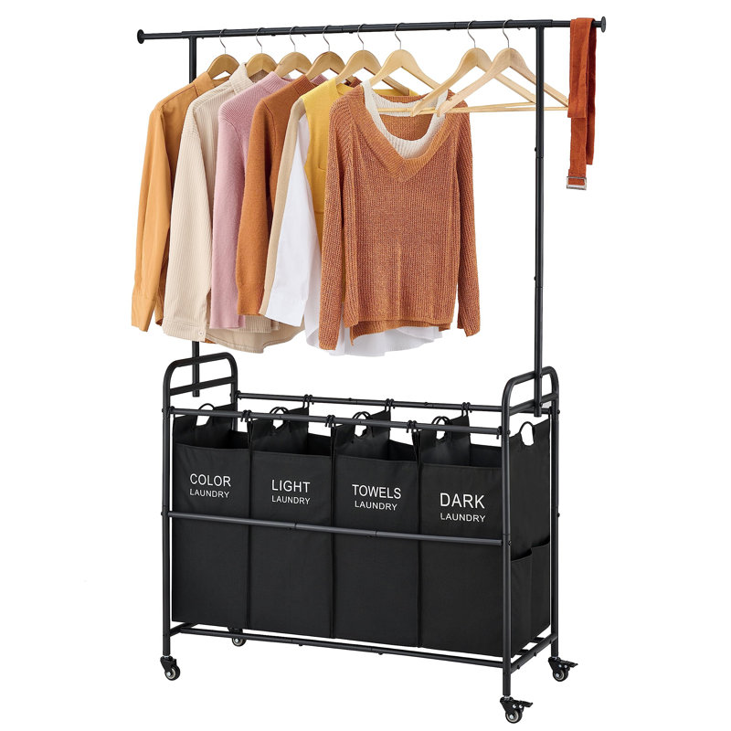 Black Metal Laundry Sorter Cart with Hanging Rack and Wheels