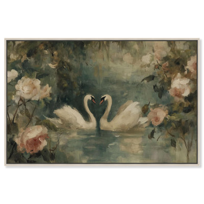 Heart of Two Swans Canvas Print Vintage Wall Decor by Art Remedy, Silver Frame, 30 x 20