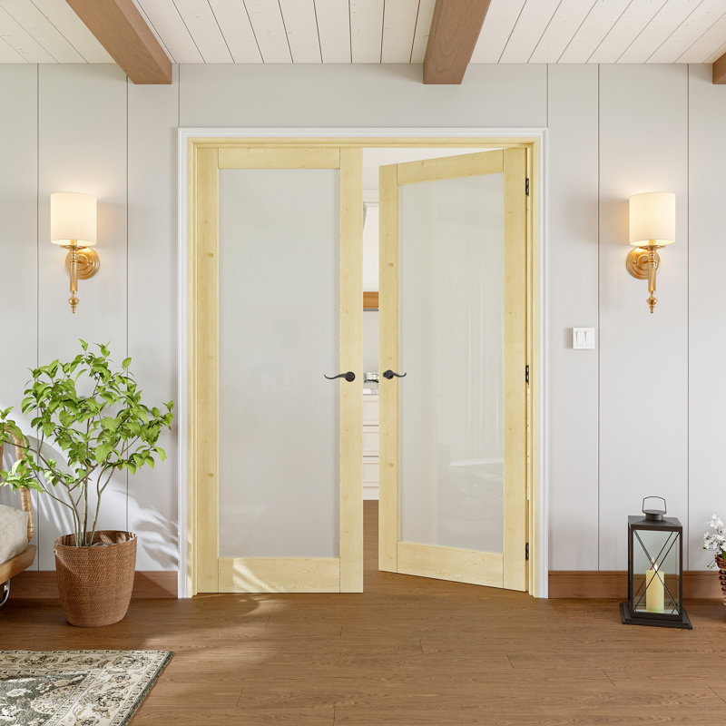 Porte française intérieure de 48 po x 80 po, portes en verre de pin et verre trempé givré 1-Lite, bois de pin massif à peindre sans finition, ensemble de cadre complet, charnières noires, 4 leviers courbés et loquet, fabrication en bois de pin naturel robuste et verre d'intimité et de verre givré