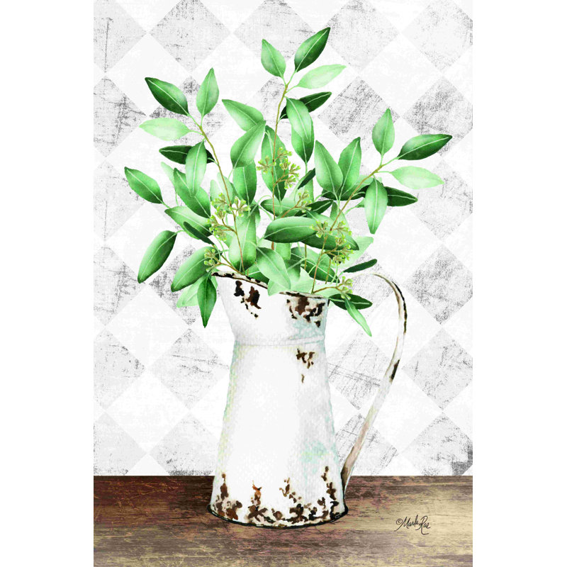 «Eucalyptus White Tin Pitcher» par Marla Rae - peinture sur toile tendue, H 30 po x l 20 po