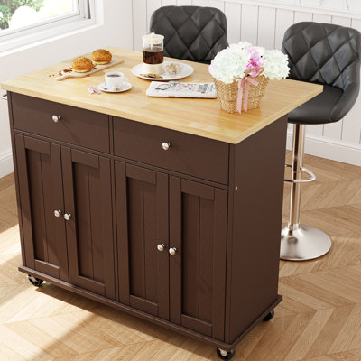 Rolling Kitchen Island Cart With Butcher Block Top – Portable Workstation With Storage Shelves, Locking Wheels by walsunny