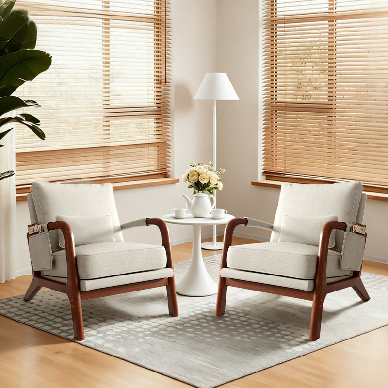 Mid Century Solid Wood Accent Chair Upholstered Armchair With Pillow And  Storage Bag (Set of 2), Beige Linen