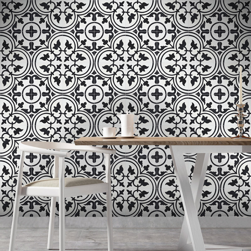 Casa 8" x 8" Cement Patterned Wall & Floor Tile, White/Black
