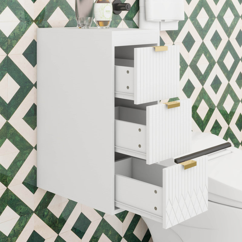 Armoire latérale 12 po avec tiroirs, armoire flottante murale avec ligne décorative, système de fermeture en douceur, 3 très grands tiroirs
