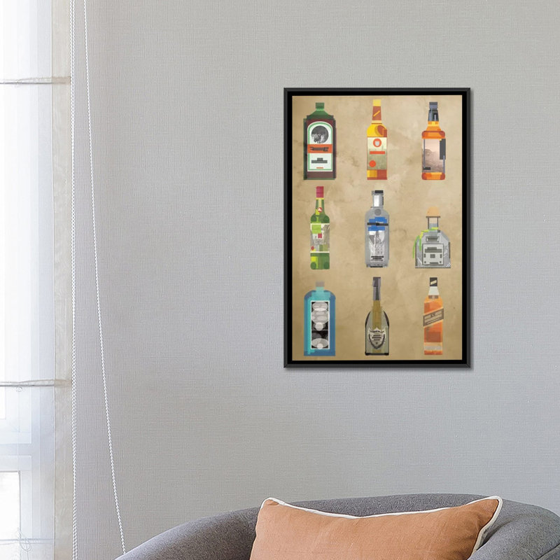 Liquor Bottles, impression sur toile tendue, H 26 po x l 18 po x P 1,5 po, Toile avec cadre noir, Pas de tapis