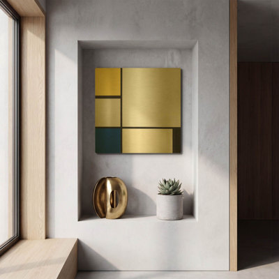 «Composition with Yellow, Blue, Black and Light Blue, 1929» par Piet Mondrian, art mural en métal doré, 12 po x 12 po