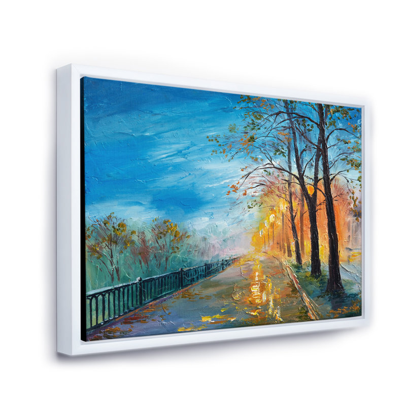 «Evening on Autumn Road», peinture sur toile, Cadre flottant blanc, H 16 po x l 32 po x p 1 po