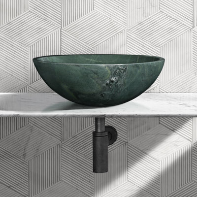 Évier en marbre naturel 400 x 150 mm, pierre, fini à la main, grand lavabo, évier de style luxueux 15,7 x 5,9 pouces pour salle de bain, pré-percé, installation facile