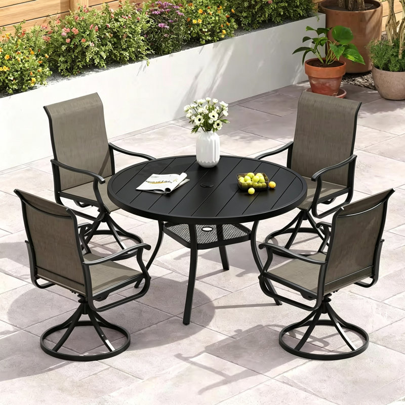 4 - Person Outdoor Dining Set With 4 Pvc-coated Polyester Swivel Chairs, Black/Brown