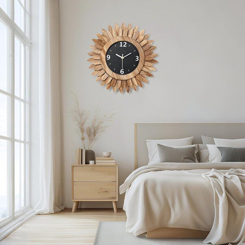 14 In Rustic Wood Boho Sunburst Decorative Wall Clock Silent Non Ticking Farmhouse Small Wall Clocks For Living Room Kitchen Bedroom Decor (rustic Brown)