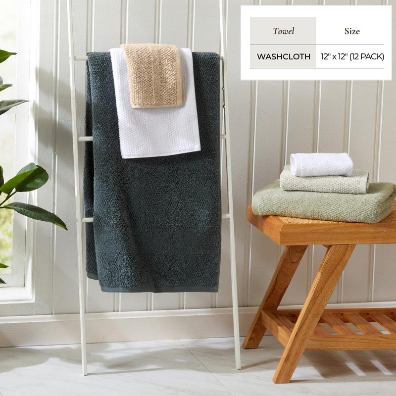 100% Cotton Textured Woven Bath Towel Set, Washcloth (Pack of 12), Sandstone