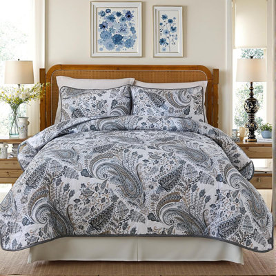 100% Cotton Quilt Sets King Grey Paisley Bedding Sets 3 Pcs Reversible Coverlet Bedspread Paisley Floral Bedspread for All Season, Lightweight, Ultra Soft