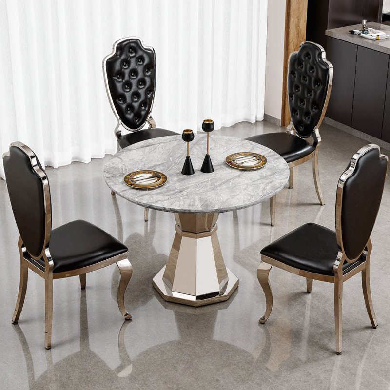 Table de salle à manger 47 po ronde moderne en faux marbre avec base en acier inoxydable pour la cuisine et la salle à manger - Gris argenté
