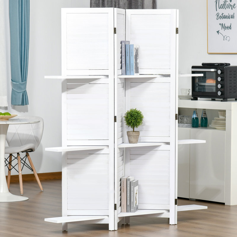Paravent en bois 4 panneaux 67 po avec 4 tablettes, Blanc, H 67 po x l 63 po x P 0,8 po