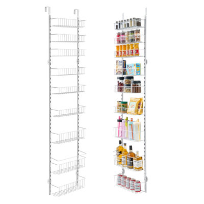 Organisateur de garde-manger au-dessus de la porte, rangement et rangement pour garde-manger à 9 niveaux, étagère à épices en acier robuste résistante, tablettes murales réglables pour assaisonner la cuisine, salle de bain, salle de bain, blanc