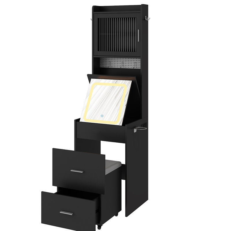 Petit bureau de coiffeuse avec miroir et lumières DEL, Noir, noir, noir, noir, Argent argent