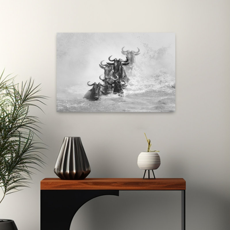 Wildebeest River Crossing Dramatic Abstract Contemporary Animal Nature Wall Art Print, 40.64cm H x 60.96cm W, White