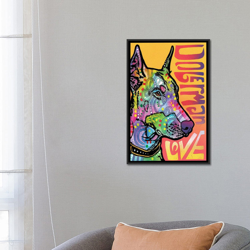 « doberman love », impression sur toile tendue, H 26 po x l 18 po x P 1,5 po, Toile encadrée noire